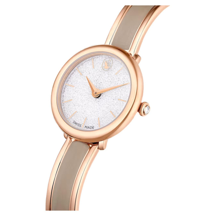 Crystalline Bangle watch Swiss Made, Metal bracelet, Beige, Rose gold-tone finish
